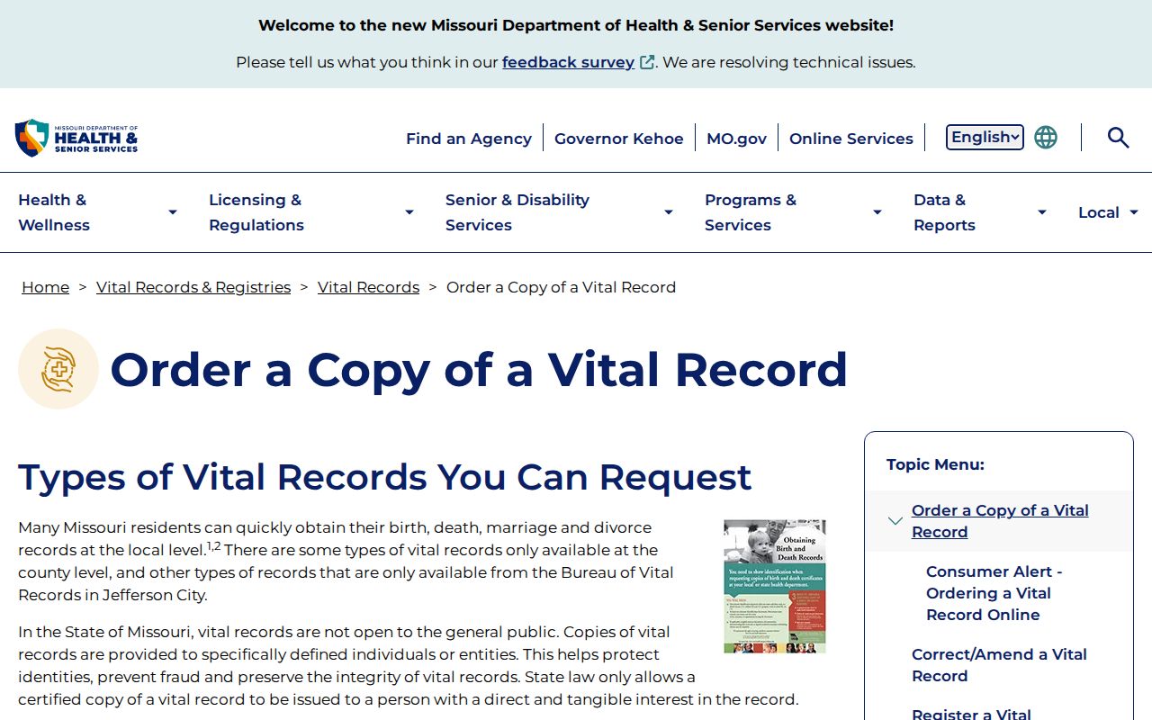 Ozark residents directory Missouri vital records ordering page