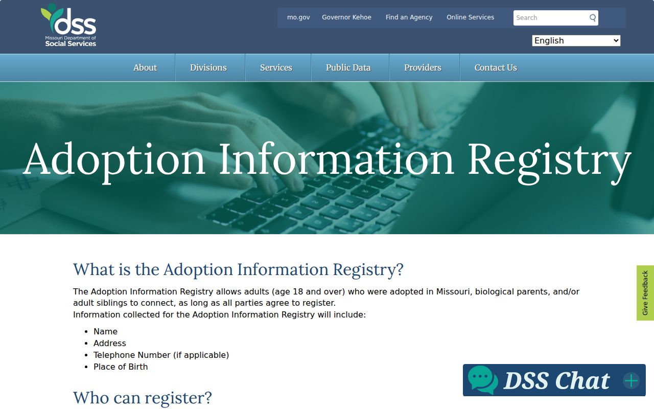 Ozark resident lookup view of the Missouri Adoption Information Registry