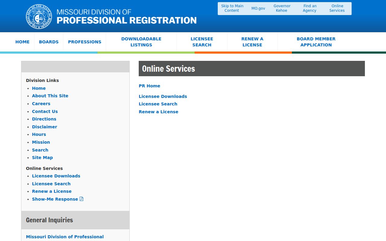 Ozark resident lookup screenshot of Missouri professional license services